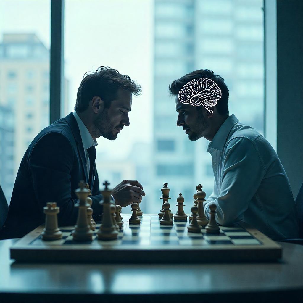 Person playing chess with business strategy vs. business psychology pieces.